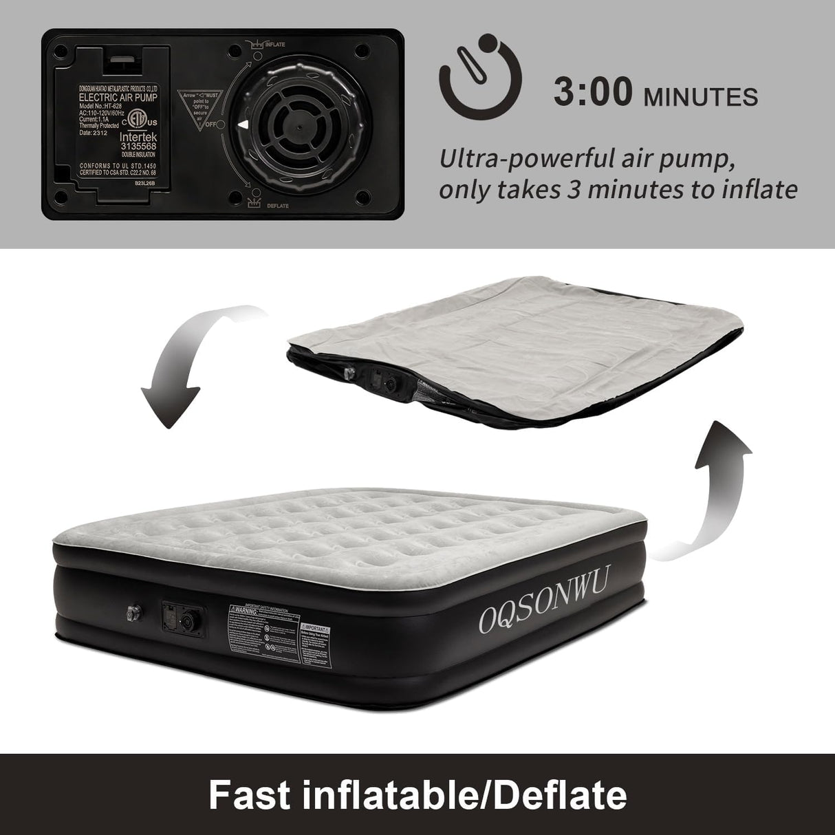 Oqsonwu Air Mattress 16" Air Bed Queen with Built in Pump, Foldable Portable Queen Inflatable Mattress, 660 lbs Weight Capacity Blow Up Air-Mattress Suitable for Guests, Indoors and Camping Oqsonwu