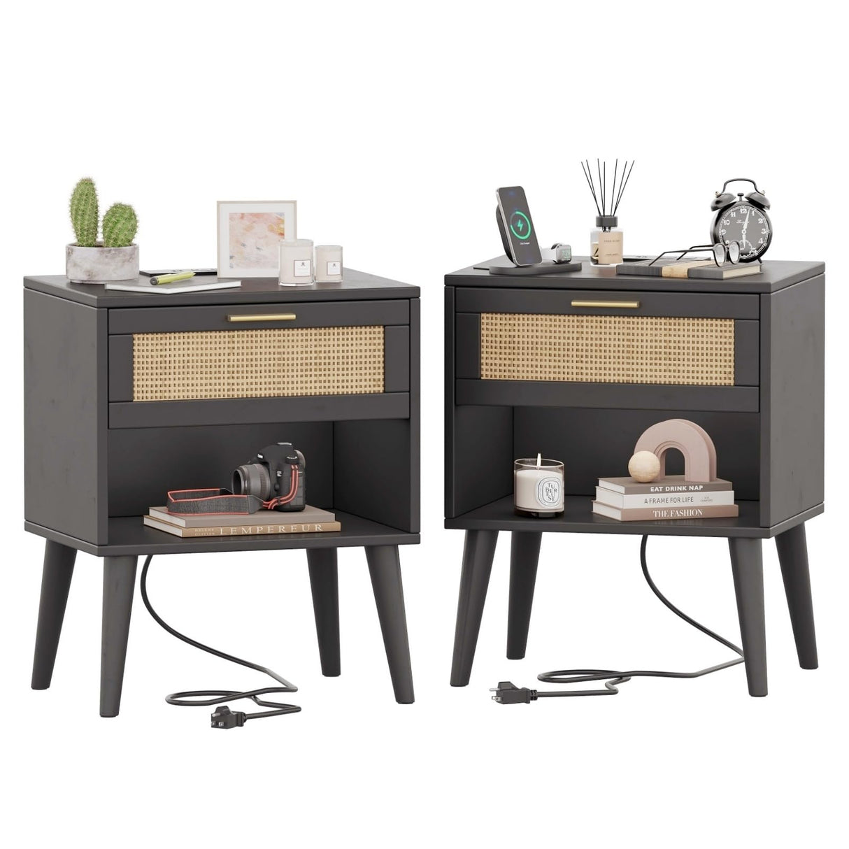 Irontar Nightstand Set of 2, Bedroom Night Stand with Charging Station & Rattan Drawer, Boho Style Bed Side Tables with Solid Legs, Accent End Table with Open Storage, Black and Natural BZZ007BME02 Irontar