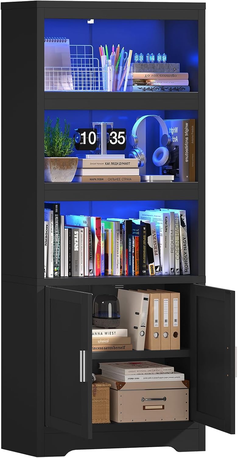 Book Shelf and Bookcase with Doors, 5-Tier Display Storage Cabinet with Adjustable Shelves, Open Compartments, Remote Control LED Lights, Tall cabinet for Bathroom Kitchen Living Room, Home Office TEENFON