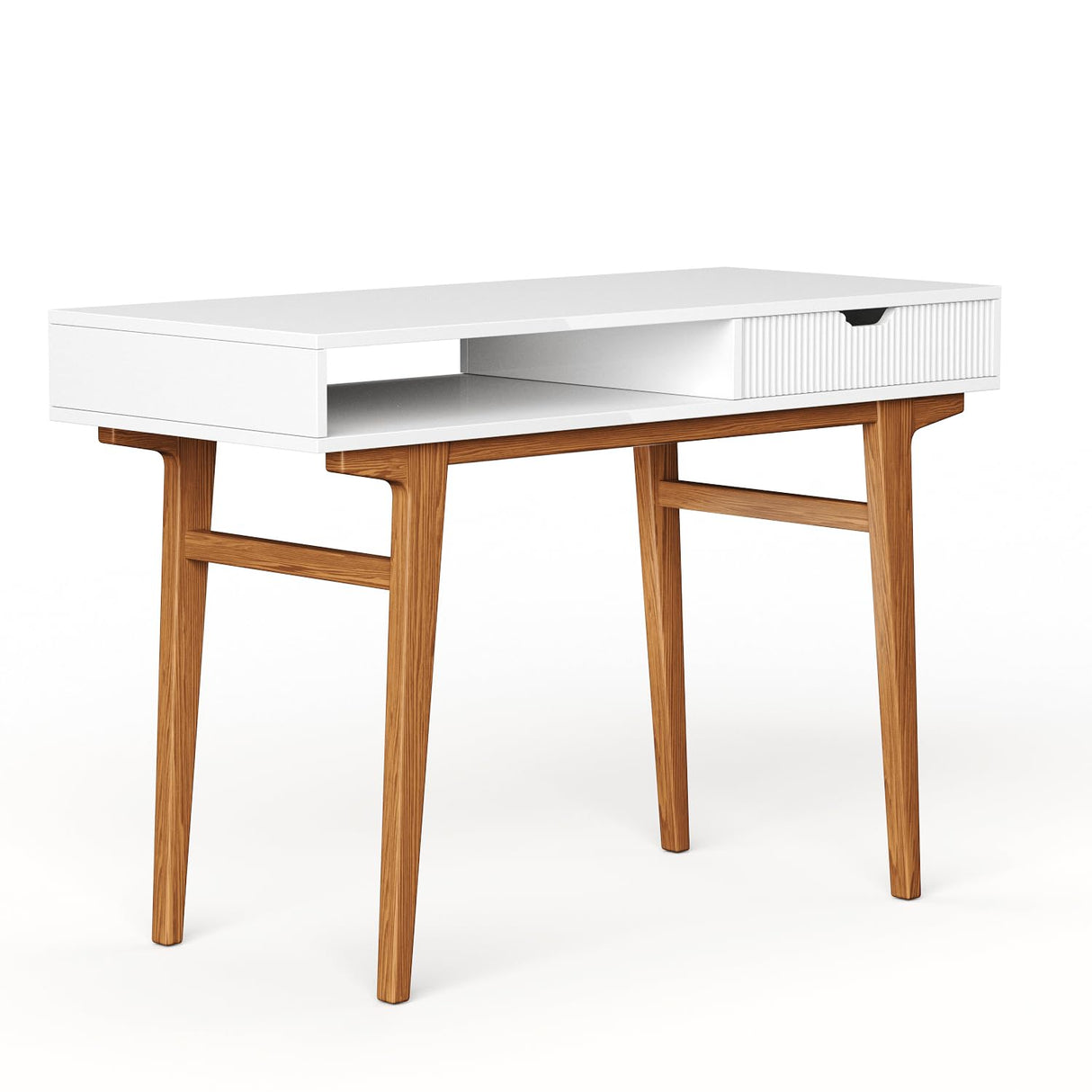 Longcoam Design White Computer Desk with Drawers - 45 inch Minimalist Small Solid Wood Mid-Century Modern Office Desk for Home - Boho Style Writing Table with Open Storage,Light Wooden Desk Workspace Longcoam Design