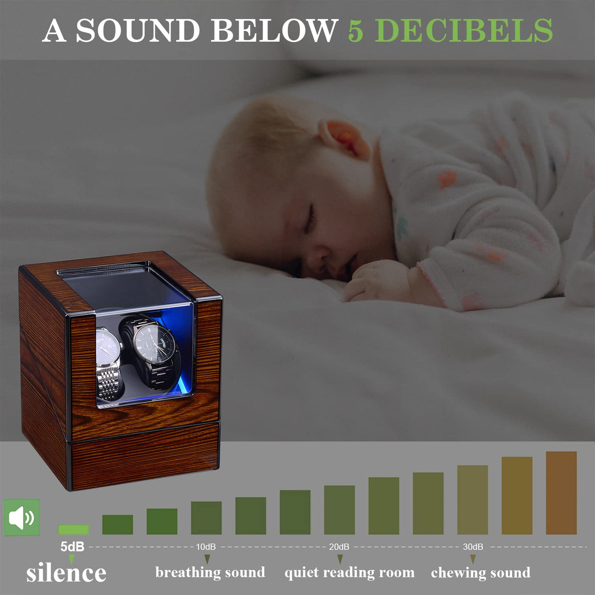 ANWBROAD Watch Winder for Automatic Watches Double Watch Rotator with Super Quiet Motor Flexible Watch Pillows LED Backlight Wooden Watch Turner Watch Shaker 5 Modes Battery or AC Adapter UJWW001Y ANWBROAD