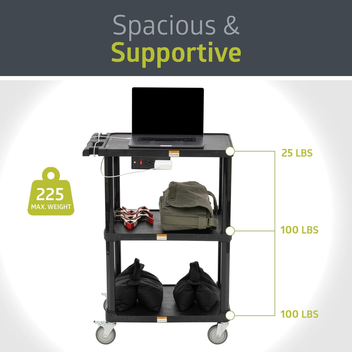 Pearington 3-Shelf Mobile Utility Cart with 3 Outlets and 8' Cord, Heavy-Duty Service Cart for Offices and Warehouses with 3 Shelves, Black Pearington