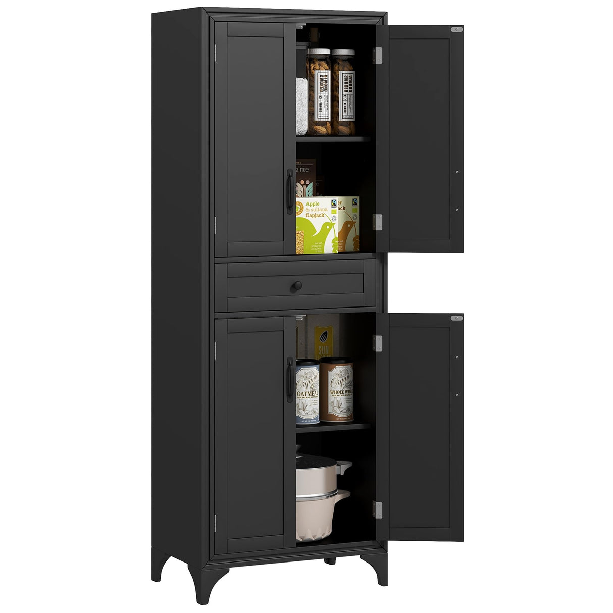 HOMCOM 67" Tall Freestanding Kitchen Pantry Cabinet, 4-Door Storage Cabinet with Drawer and Adjustable Shelves for Dining Room, Black HOMCOM