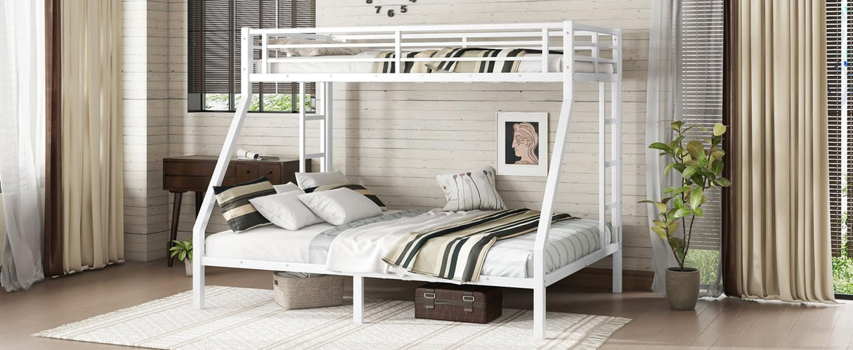 Belllemave Twin XL Over Queen Bunk Beds, Heavy Duty Bunk Bed with Safety Guardrail and 2 Ladders, Metal Queen Bed with Slats Support for Adults Teens Kids, Noise-Free, White Bellemave