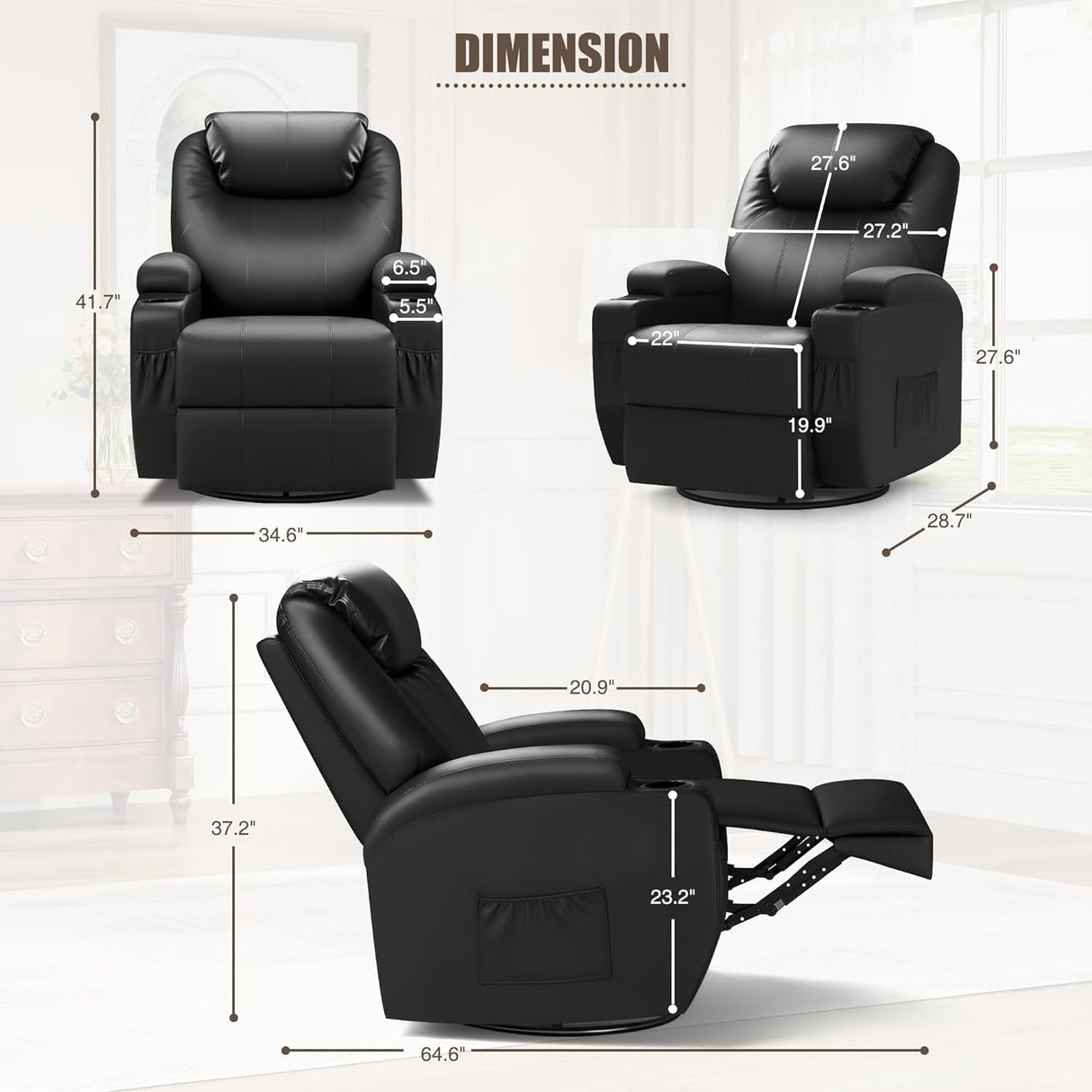 JUMMICO Recliner Chair, Rocking Massage Chairs, Home Reclining Sofa Chair, PU Leather, Ergonomic Living Room Chair with Cup Holders, Remote Control (Black) JUMMICO