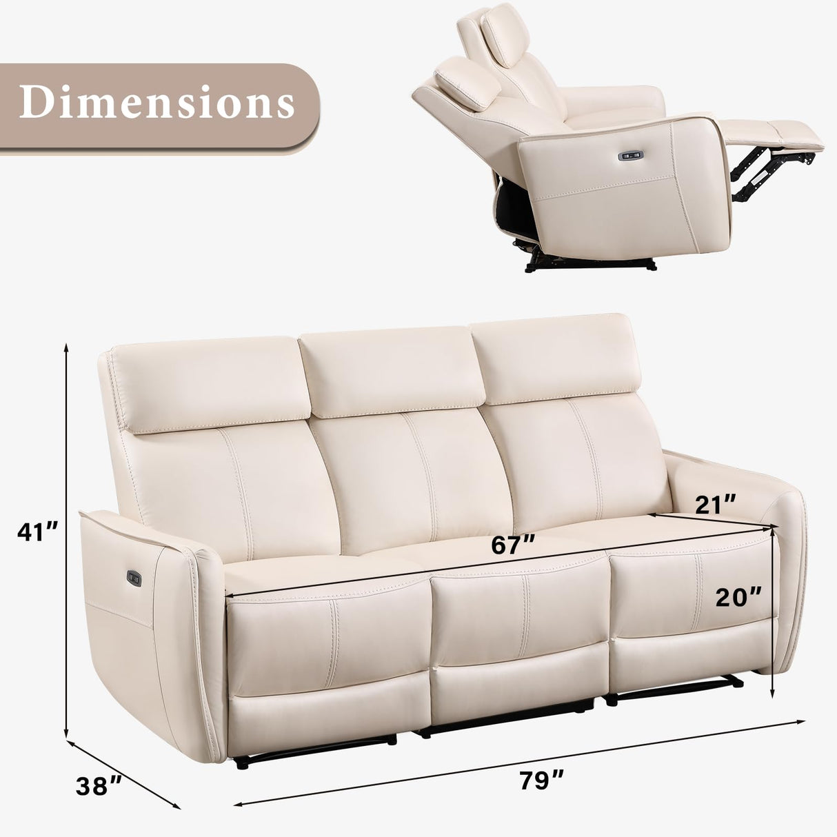 EBELLO Faux Leather Power Reclining 3 Seat Sofa Couch, Electric Recliner Sofa with USB and Type-C Charging Ports,Metal Base, 3 Seats for Small Living Room,Beige EBELLO