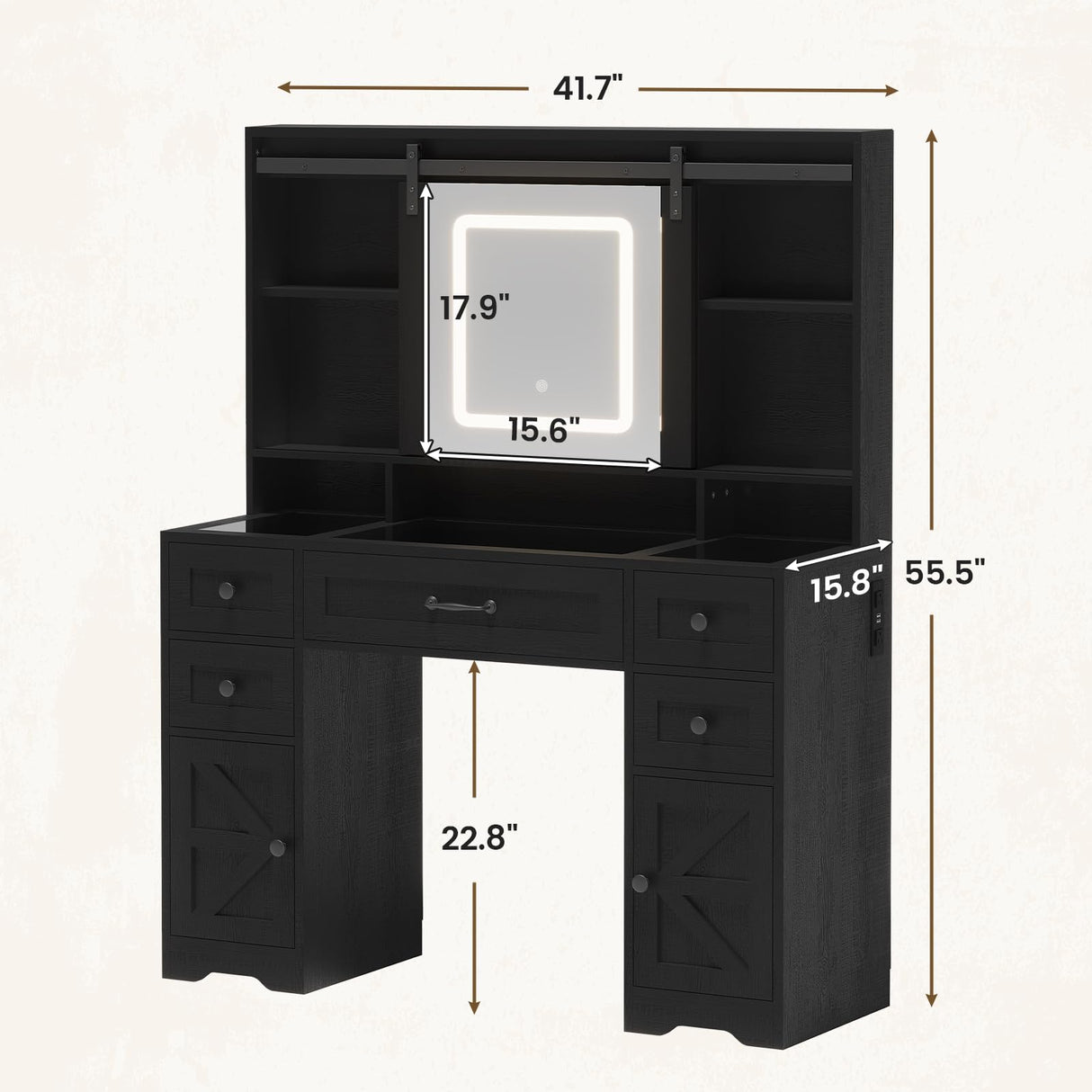 HAUOMS Vanity Desk with Sliding Mirror & LED Lights, Glass Top Farmhouse Makeup Vanity Table with Power Outlet, Rustic Dressing Table, Wood-Grain Black HAUOMS