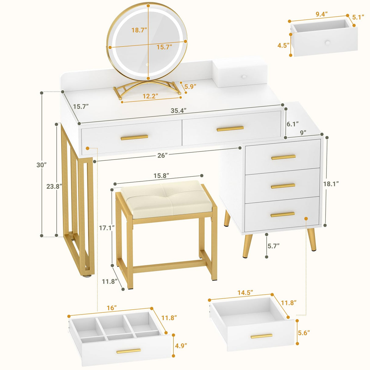 White Vanity Desk with Mirror and Lights, Modern Makeup Vanity Table Set with 6 Storage Drawers and Cushioned Stool for Bedroom, Dressing Table with Divided Organizers for Women Girls, White armocity