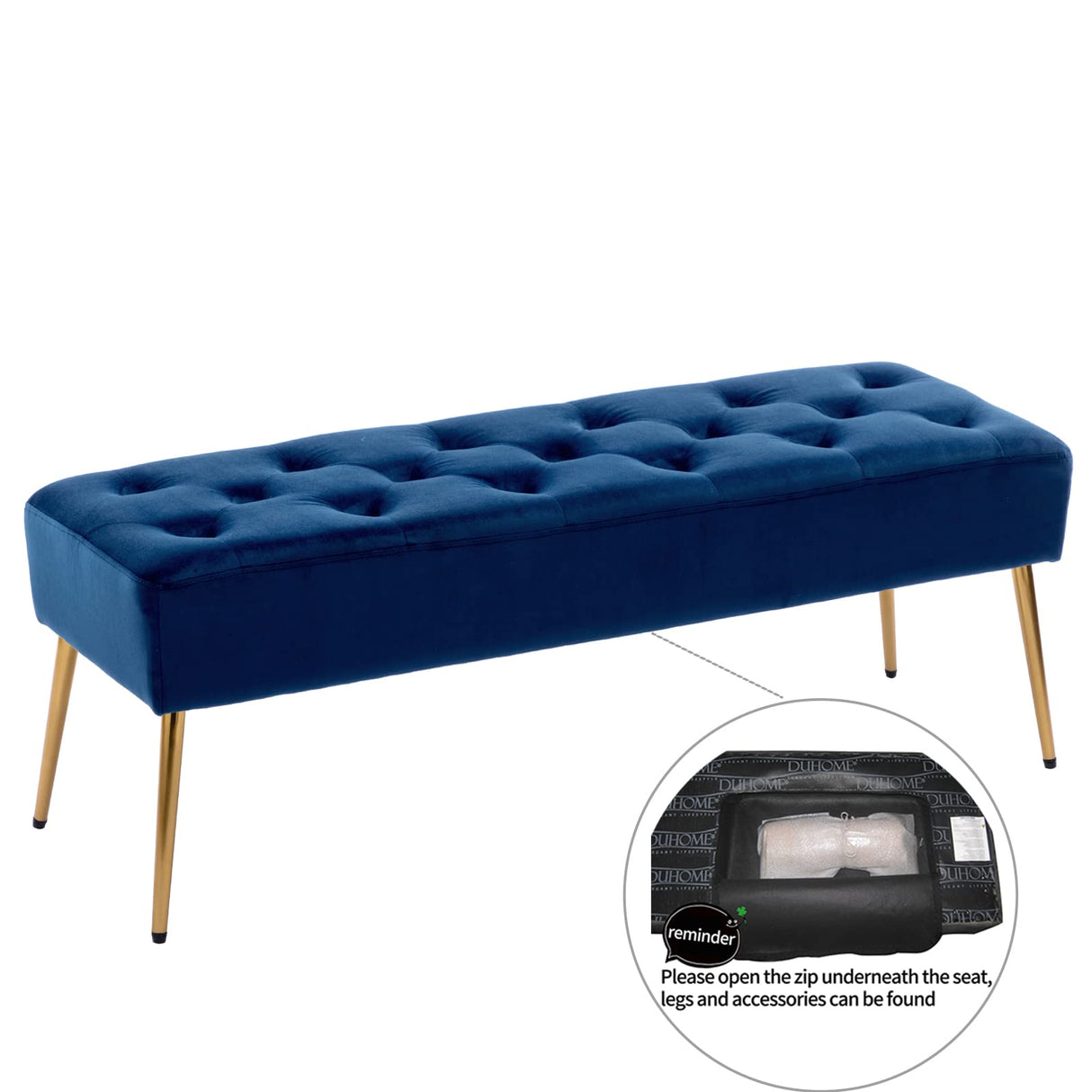 DUHOME Button-Tufted Ottoman Bench, Upholstered Bedroom Benches Velvet Footrest Stool Dining Bench Accent Bench for Entryway Dining Room Living Room Bedroom, Dark Blue DUHOME