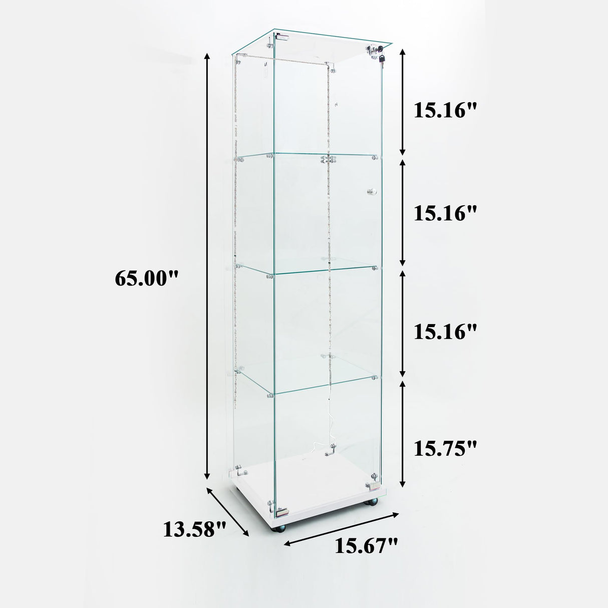 nifoti 4-Shelf Glass Display Cabinet with LED Lights Strip and Lock, Curio Cabinets Display Case with Casters and 1 Door, Tempered Glass Display Showcase for Living Room,Exhibition Hall - White nifoti