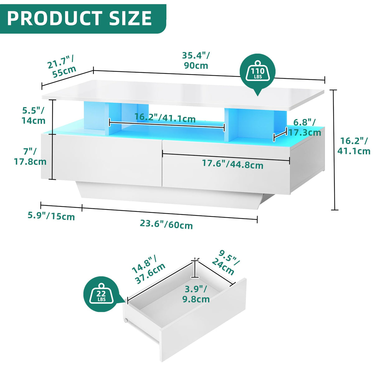 YITAHOME LED Coffee Tables for Living Room, High Glossy Coffee Table with Storage 4 Sliding Drawers, Small Rectangular LED Coffee Table Center Table with Open Display Shelf, Glossy White YITAHOME