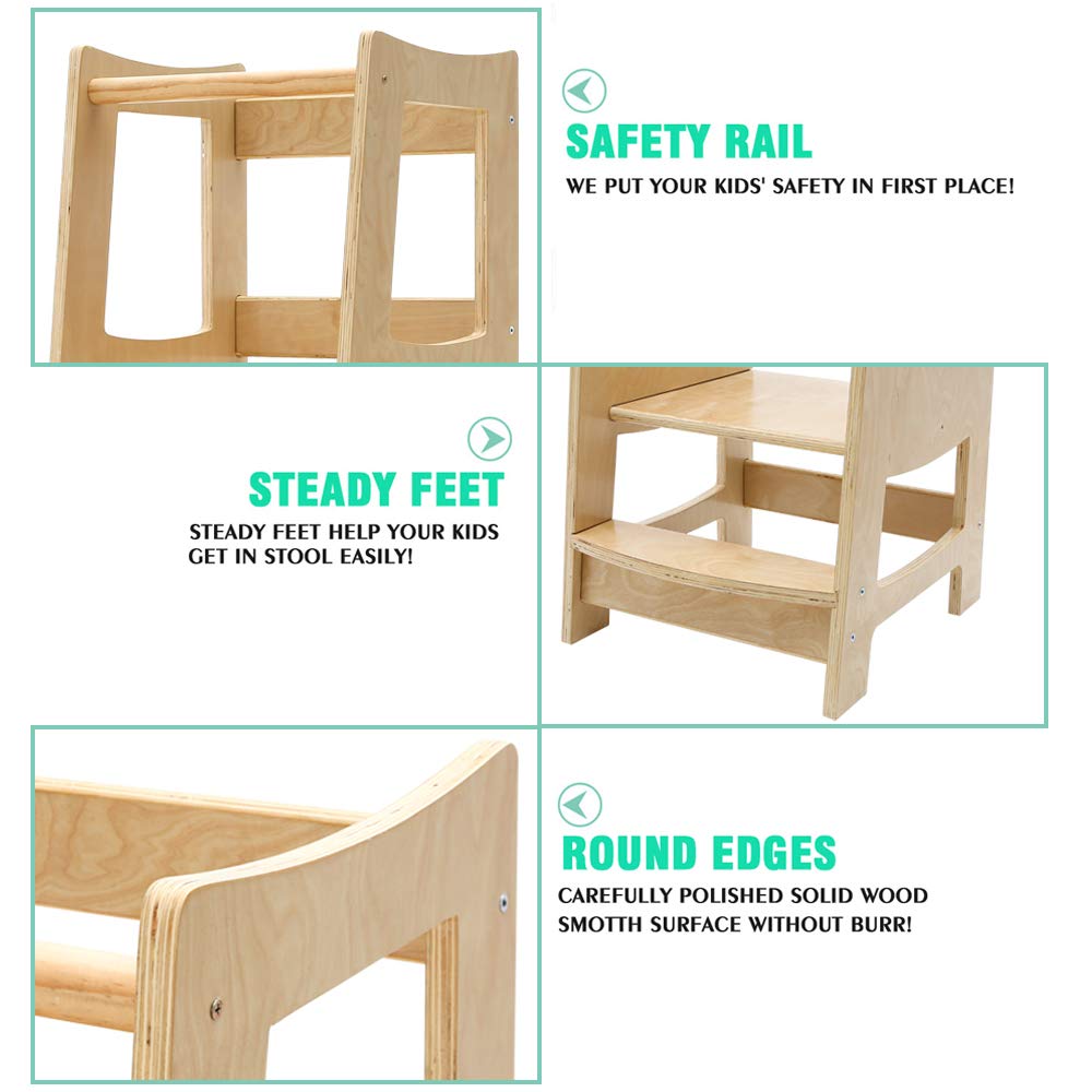EGREE Toddler Kitchen Step Stool with Safety Rail Kids Wooden Standing Tower for Kitchen Counter and Bathroom Sink, 3 Heights Adjustable Step Up Stool Mothers' Helper, Solid Wood Construction, Natural EGREE