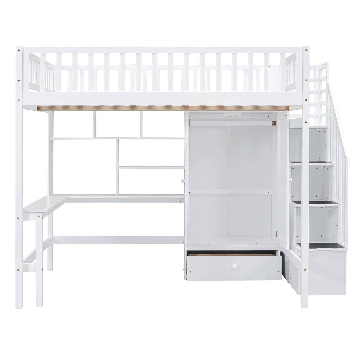 Merax Full Loft Beds Stairway Loft Bed Frame with Wardrobe, Desk, Bookshelf and Drawers, White Merax