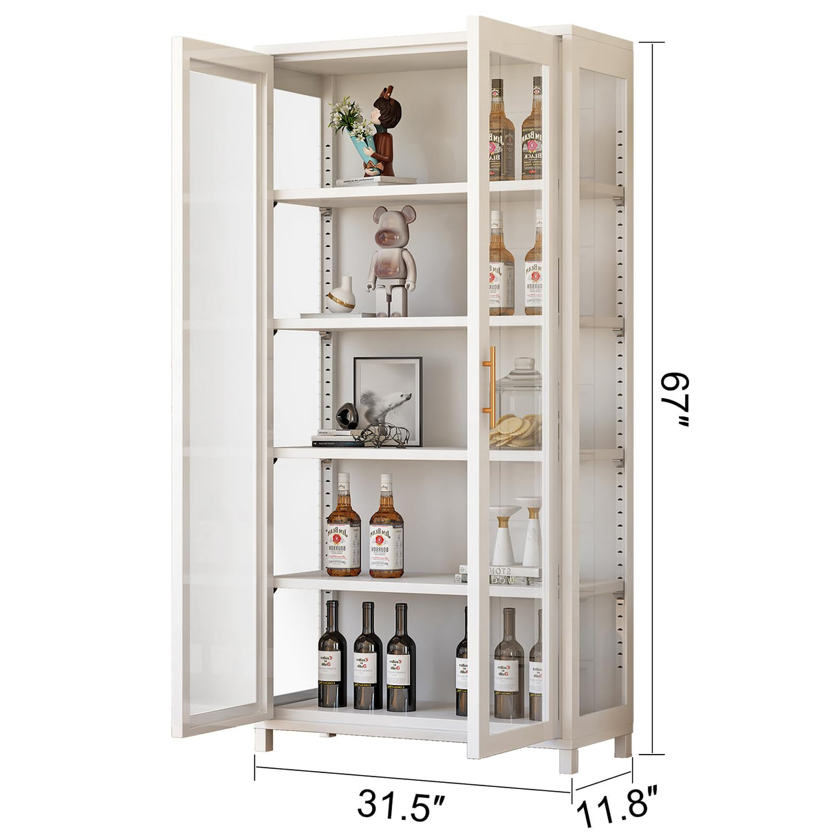 Display Cabinet with Glass Doors, 5-Tier Curio Cabinet with 4 Adjustable Shelves for Collectibles Toy Organizers Rack & Display Shelf, Kids Bookcase for Bedroom, Reading Nook, Living Room (White) YGWBGA