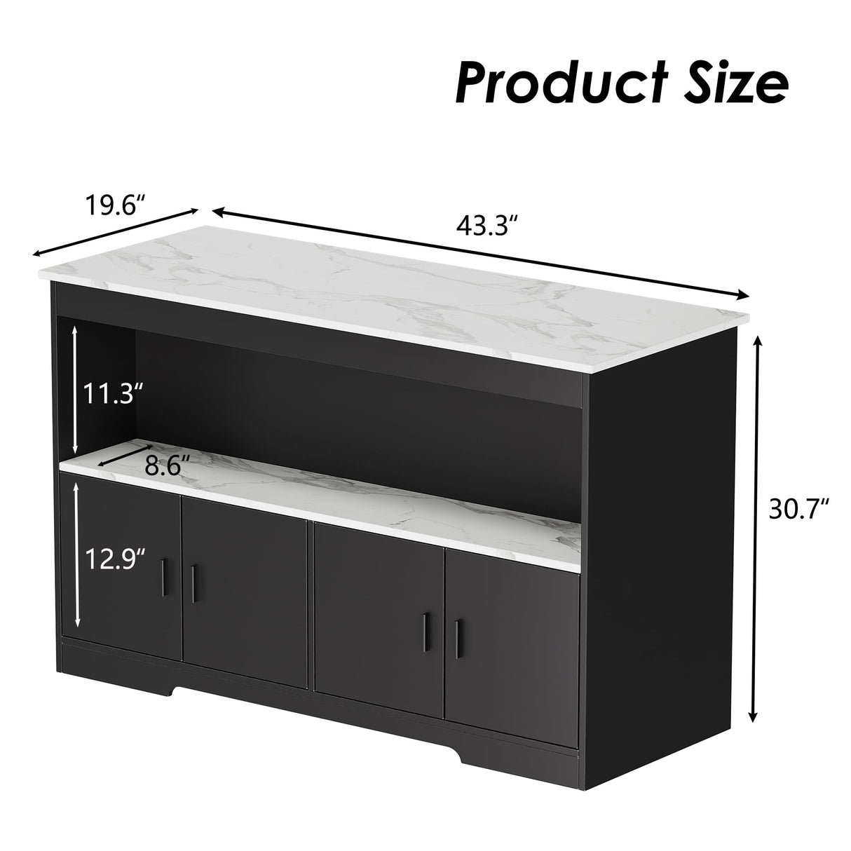 PAKASEPT 43'' Modern Kitchen Island with Storage,Island Table with LED Lights & Cabinet for Kitchen,Imitation Marble Large Dining Table for 4,Dining Room,Living Room,Home Bar,Black PAKASEPT