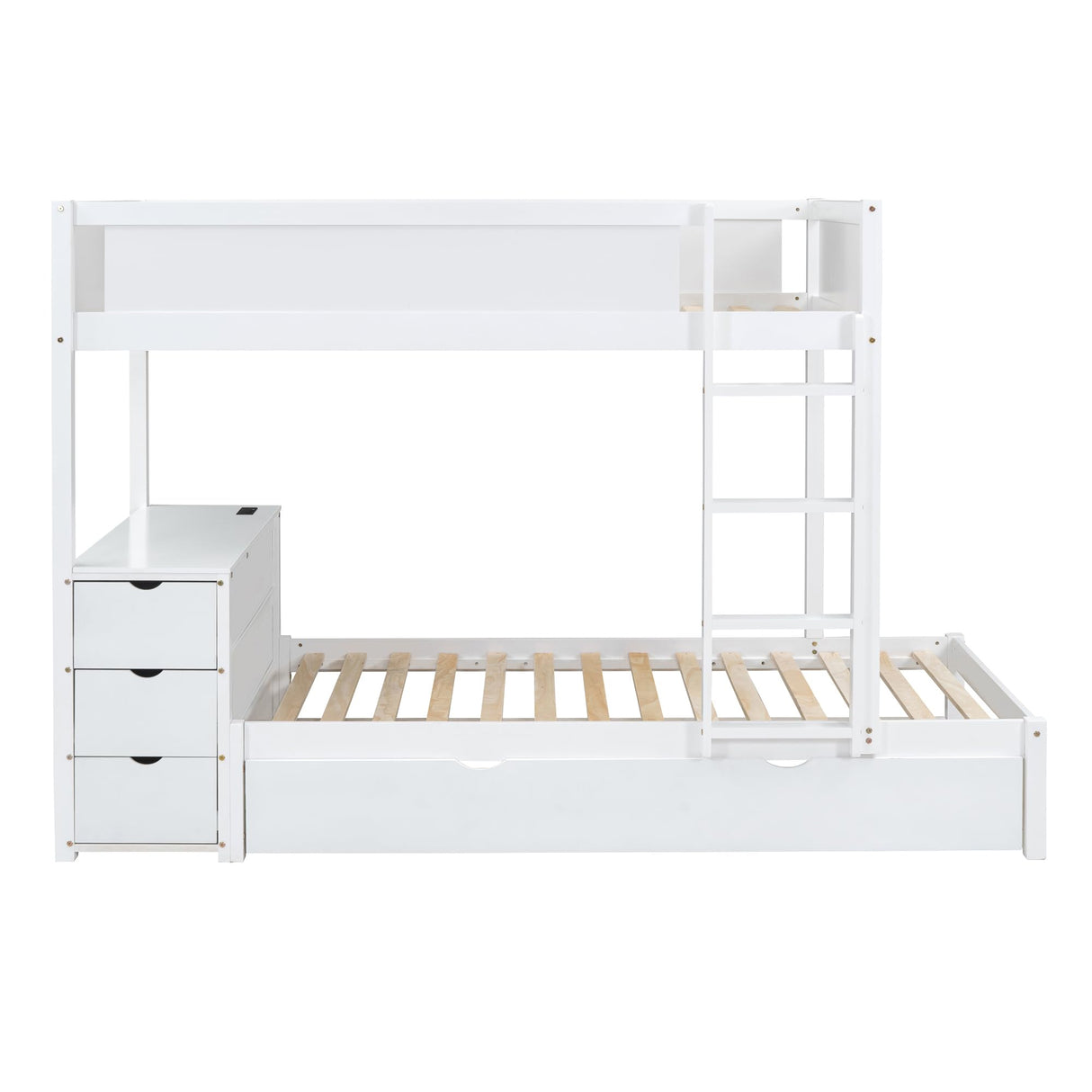 Ball & Cast Twin-Over-Twin Bunk Bed with Twin Size Trundle,Solid Wood Bedframe W/Desk & Drawers,USB,Space Saving,Easy Assembly,Multifunctional Bedroom Furniture Set for Boys Girls Teens,White Ball & Cast