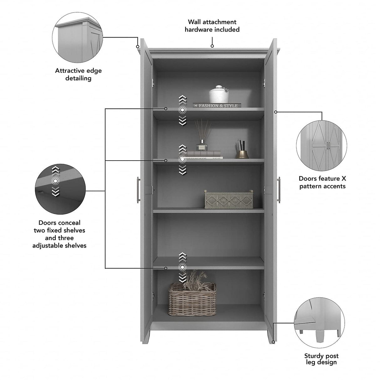 Bush Furniture Key West Tall Storage Cabinet with Doors in Cape Cod Gray Bush Business Furniture