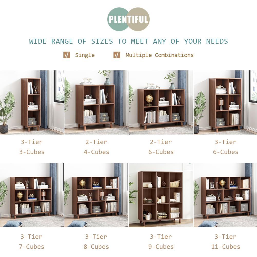 IOTXY Open Cube Low Bookcase - 3-Tier Freestanding Storage Display Cabinet Organizer with Legs for Home Office, 11-Cubes Open Shelf Short Bookshelf, Walnut IOTXY