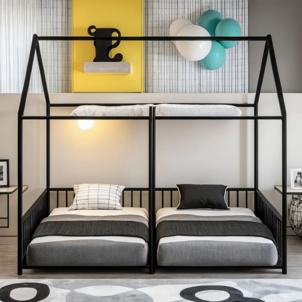 PVWIIK Double Montessori Floor Bed with Fence & Roof for Two Kids Teens Boys Girls,Twin Floor Bed,Easy Assemble,No Box Spring Needed, Black PVWIIK