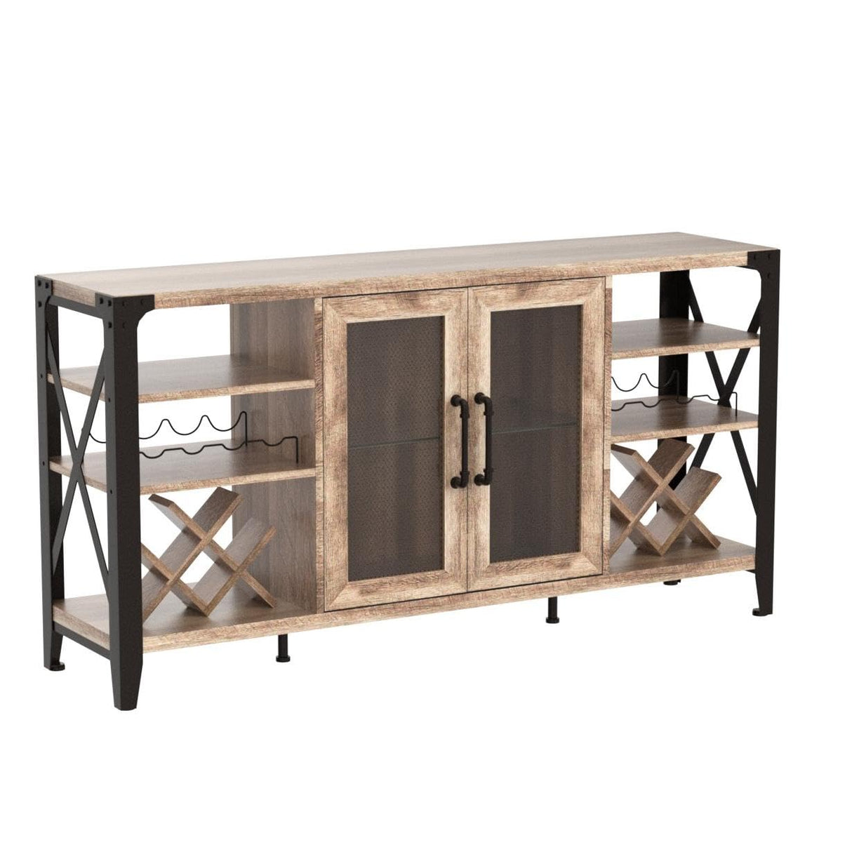 Vabches Rustic Oak Wine Bar Cabinet with LED Lights and Removable Racks for Home Living Room and Dining Room Vabches
