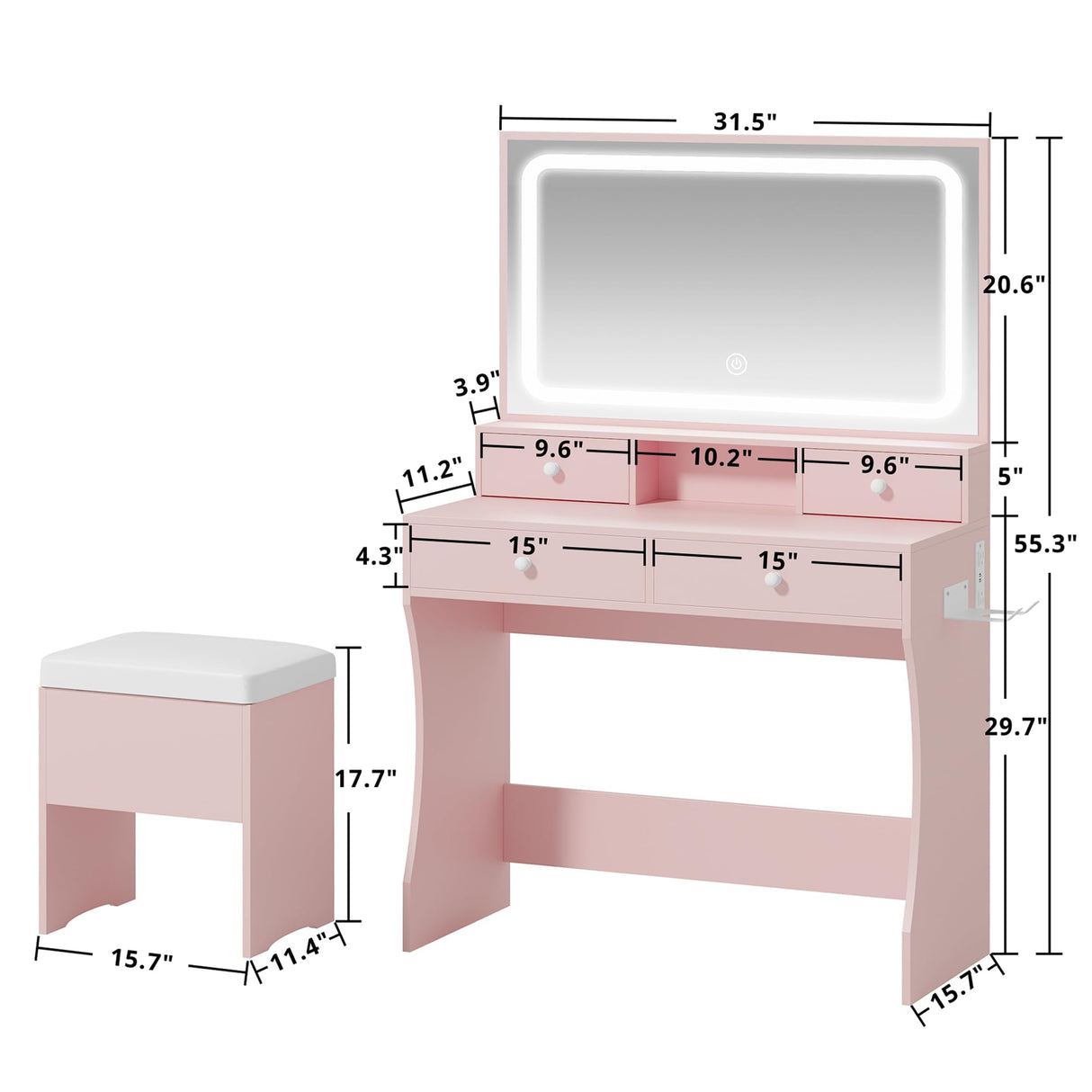 LIKIMIO Makeup Vanity Desk with Mirror and Lights, Pink Makeup Vanity Table Set with Stool Drawers, Power Socket, Dressing Table with 3 Lighting Colors, Vanities for Bedrooms LIKIMIO