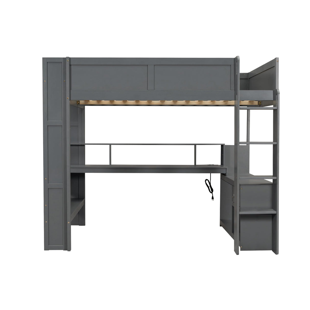 LUMISOL Full Size Wood Gaming Loft Bed with Desk, Drawer, Storage Shelves, LED Lights & USB Ports, Wooden Loft Bed Frame with for Kids, Teens, Boys, Bedroom, Noise Free, Grey LUMISOL