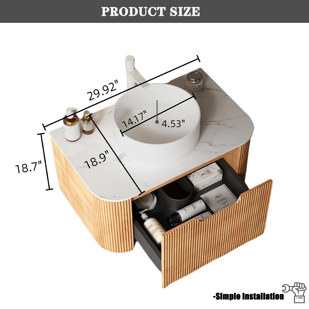 30'' Bathroom Vanities Cabinet with Sink Combo, Wall Mounted Floating Cabinet W/Curved Edges Stripes, Oak Plywood, Soft-close System with a Drawer, White Round Ceramic Basin - Kiel, Natural Wood RAINLUX