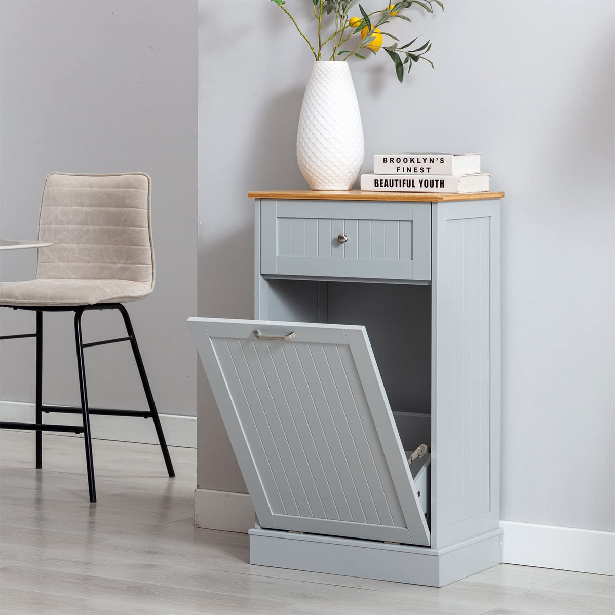 Tilt Out Trash Cabinet, Freestanding Wooden Kitchen Trash Recycling Cabinet with Drawer & Removable Cutting Board, Dog Proof Trash Can Cabinet, Grey Gitua