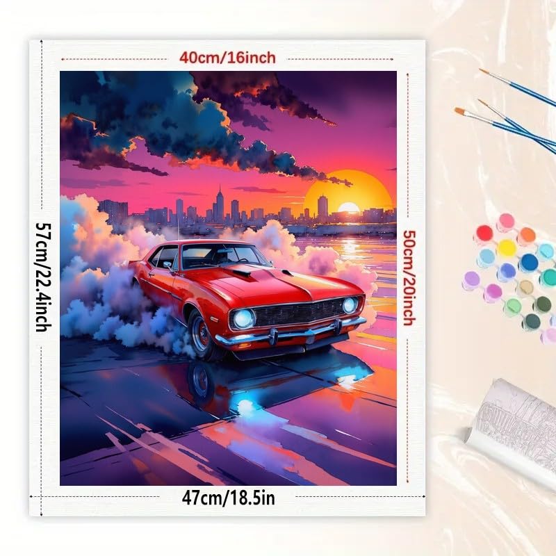 Classic Car Paint by Numbers Kit for Adults - DIY Red Muscle Car at Sunset Painting on Canvas 16x20In, Acrylic Paint Set, Suitable for Beginners, Art for Home Decoration or Gifts DecorFriday
