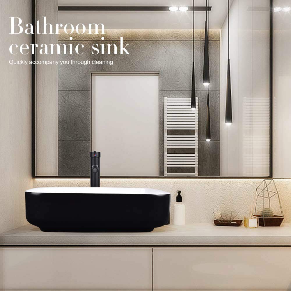 YOURLITE 28 Inch Floating Bathroom Vanity with Sink,Modern Wall Mounted Bathroom Vanity and Tempered Glass Sink Combo with Mirror and Faucet and Pop-up Drain Set,Black and White Ceramic Sink YOURLITE