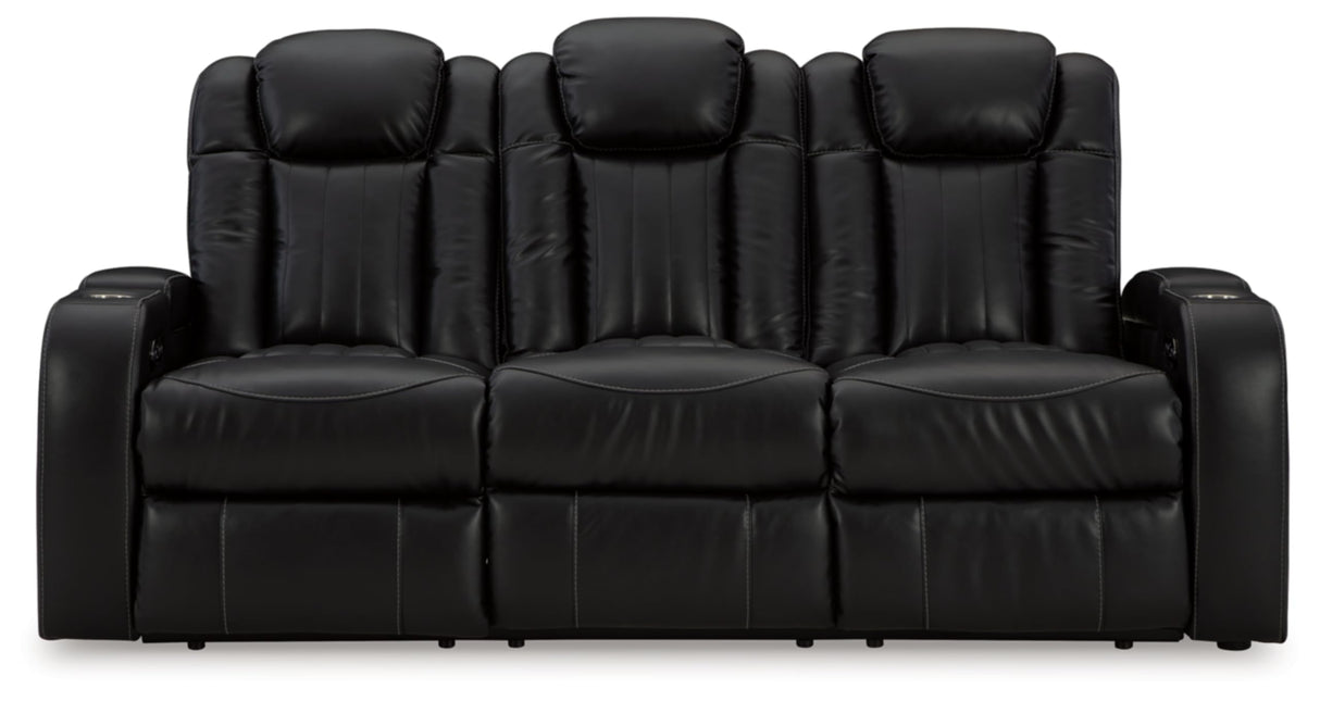 Signature Design by Ashley Caveman Den Modern Faux Leather Power Reclining Sofa with Adjustable Headrest, Drop Down Table, Electrical Outlets and LED Reading Lights, Black Signature Design by Ashley