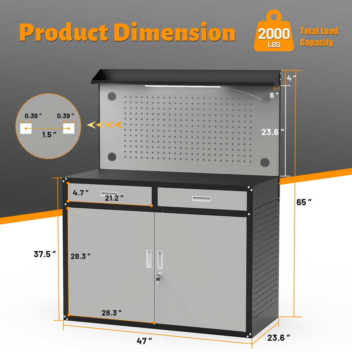 Rumetol 65" Heavy Duty Garage Workbench with Storage Drawers & Pegboard,2000lbs Capacity Metal Work Bench with Lockable Magnetic Cabinets,Adjustable LED Light for Workshop/Garage Rumetol