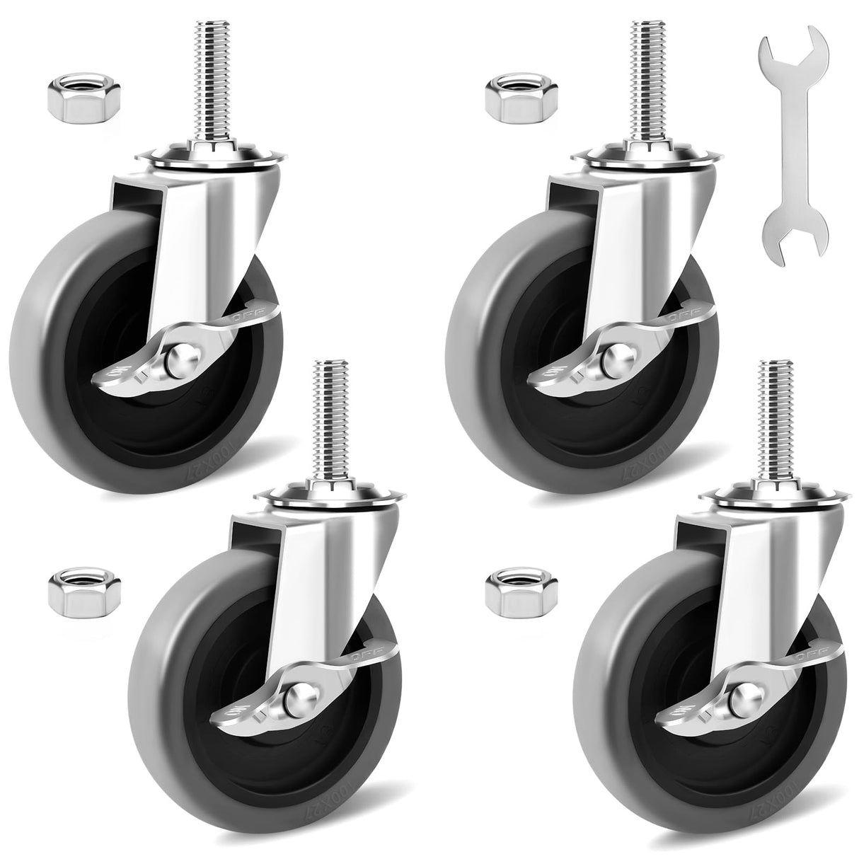 Besitu 4 Inch Caster Wheels, 1/2"-13 Inch Course Threaded Stem Caster Set of 4 with Side Brake, Heavy Duty TPR Swivel Caster Wheels for Dolly Cart, Wire Shelving Industrial Screw in Casters Besitu
