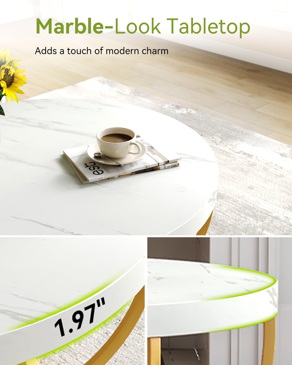 LITTLE TREE Round Coffee Table, 32" Circle Faux Marble Coffee Tables for Living Room, 2-Tier Golden Metal Legs Accent Center Table with Open Storage Modern Design Home Furniture (White and Gold) LITTLE TREE