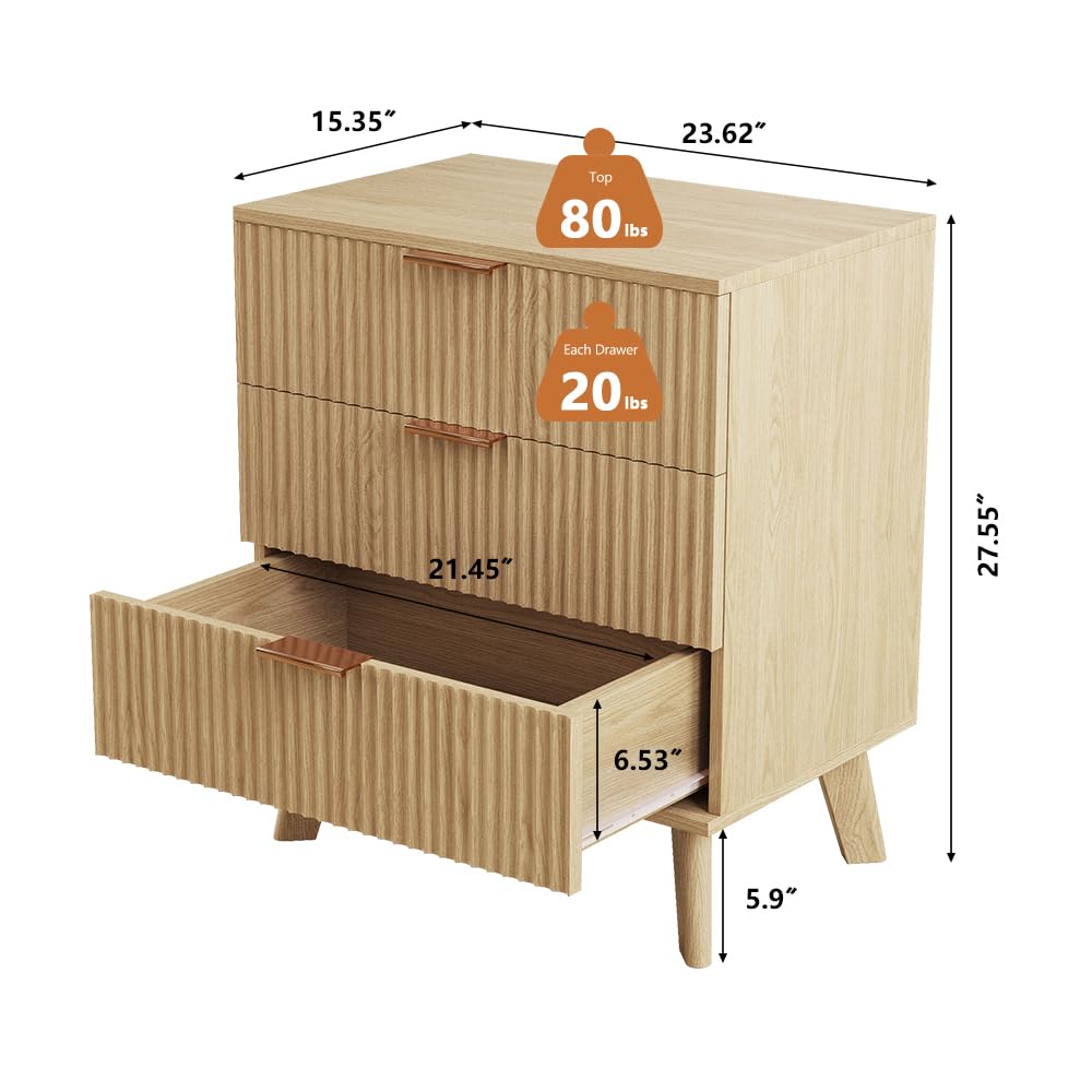 Mid-Century 3 Drawers Bedside Table Cabinet, Modern Nightstand with 3 Drawer and Solid Wood Legs, Contemporary 3-Drawer Nightstand, Mid Century Nightstand with 3 Storage Drawer for Bedroom (Natural) affeivul