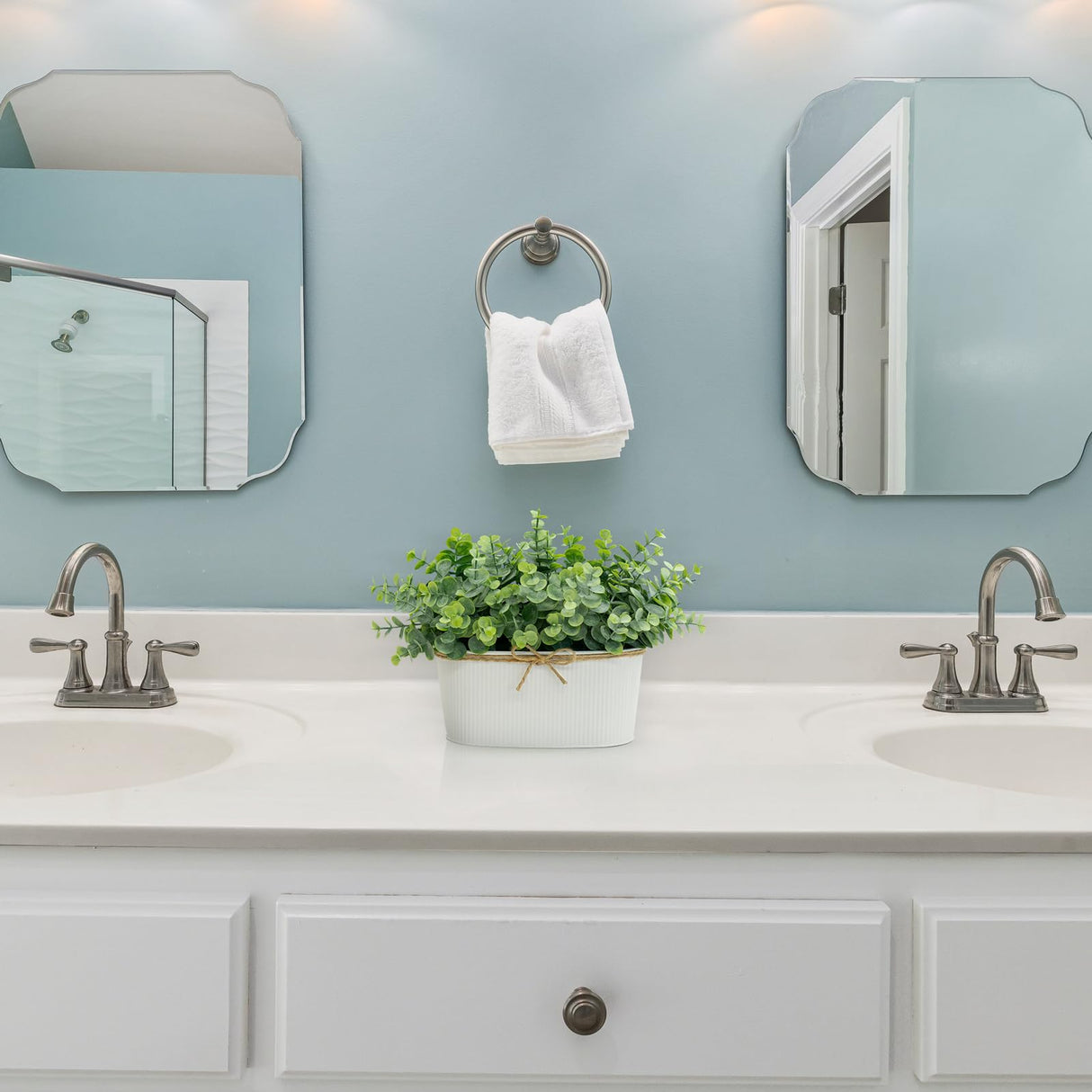 Dahey Artificial Eucalyptus Faux Plants Indoor for Farmhouse Home Decor Fake Potted Plants in Rustic Rectangular Pots Table Centerpiece for Office Bath Living Room Greenery Decor, 7" L x 4" H Dahey