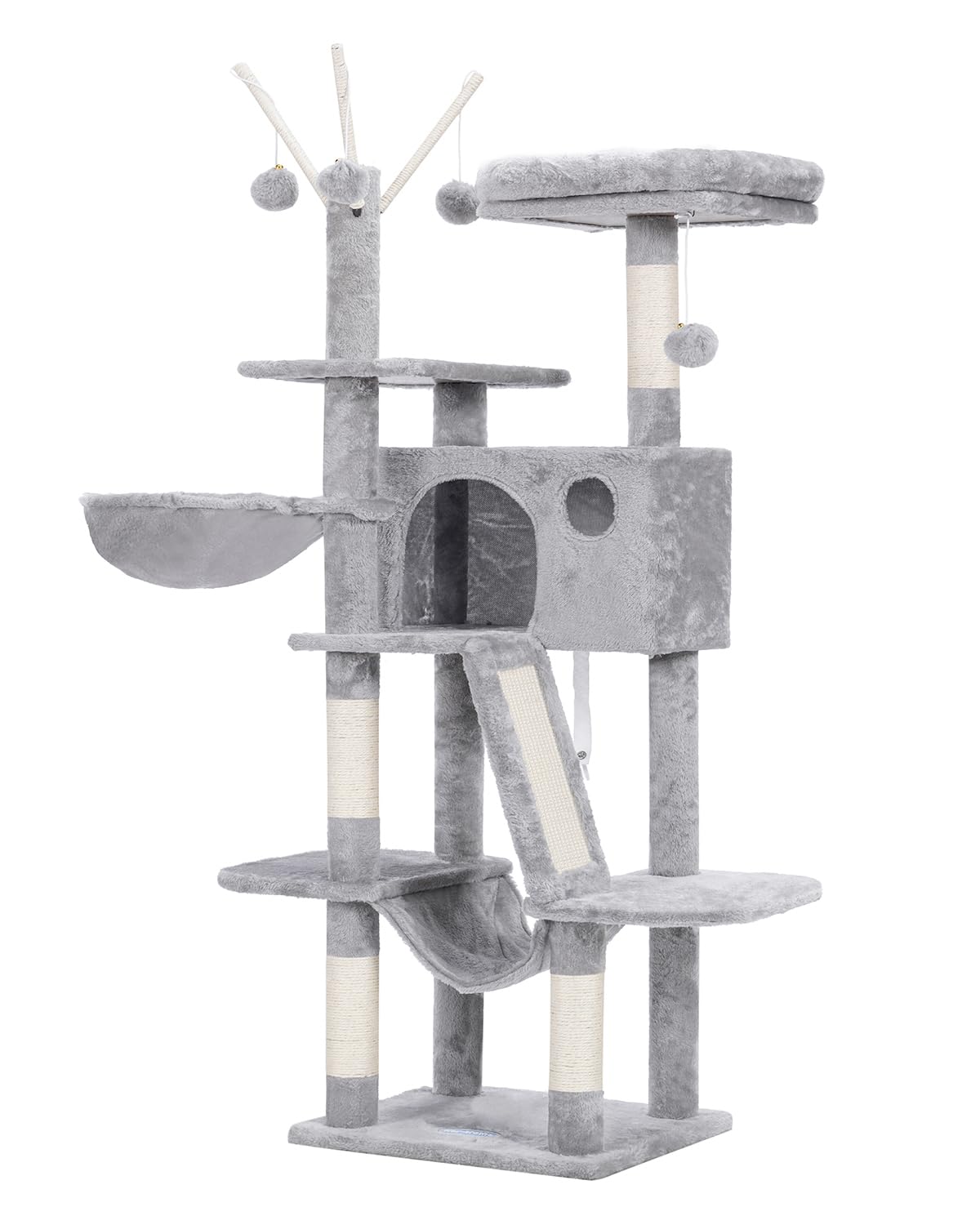 Hey-brother Cat Tree, 53 inch Cat Tower for Indoor Cats, Cat House with Padded Platform Bed, Toy Balls, Large Cozy Condo, Hammocks and Sisal Scratching Posts, Light Gray MPJ019-SW Hey-brother