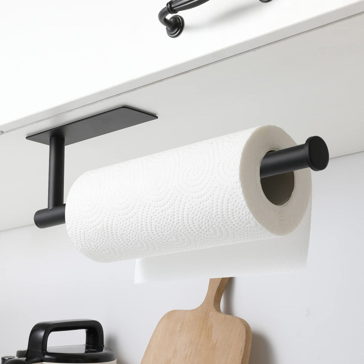 theaoo Paper Towel Holder - Under Cabinet Paper Towel Holder for Kitchen, Adhesive Paper Towel Roll Rack for Bathroom Towel, Wall Mounted Matte Black Paper Towel Rack, SUS304 Stainless Steel theaoo