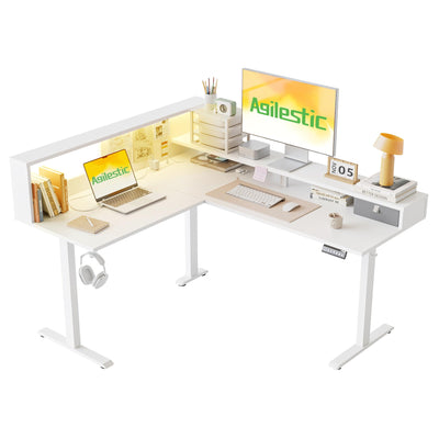 Agilestic L-Shaped Electric Standing Desk, 63x55 Inch Ergonomic Adjustable Height Desk with Storage, Stand Up Corner Desk Sit Stand Computer Table Power Outlet & LED Lights, Office Table, White