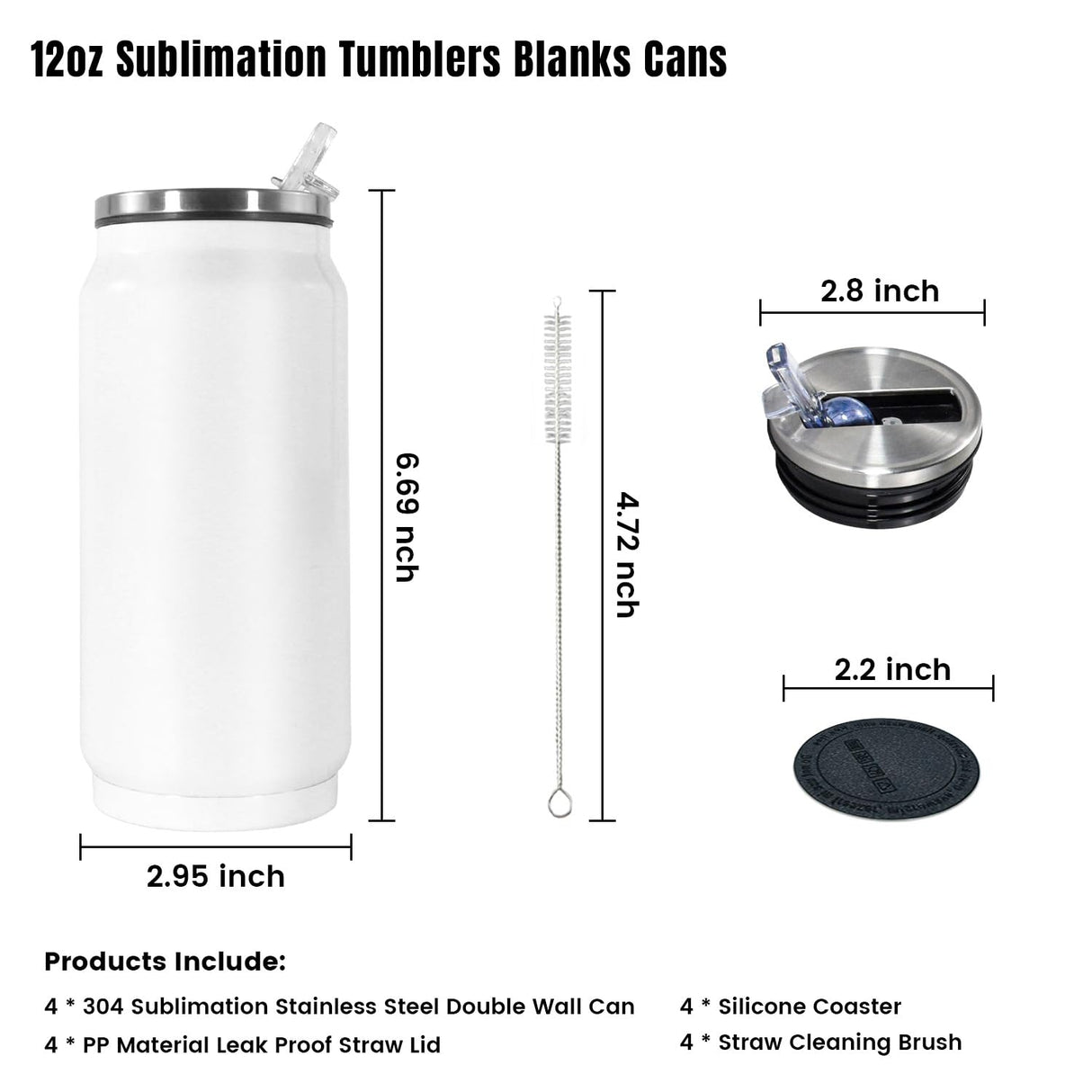 AGH 4Pack Sublimation Tumblers Blanks Cans, 12 oz Stainless Steel Sublimation Cola Tumbler Cups with Lid & Straw, Double Walled Vacuum Insulation Sublimation Car Cup (White) AGH