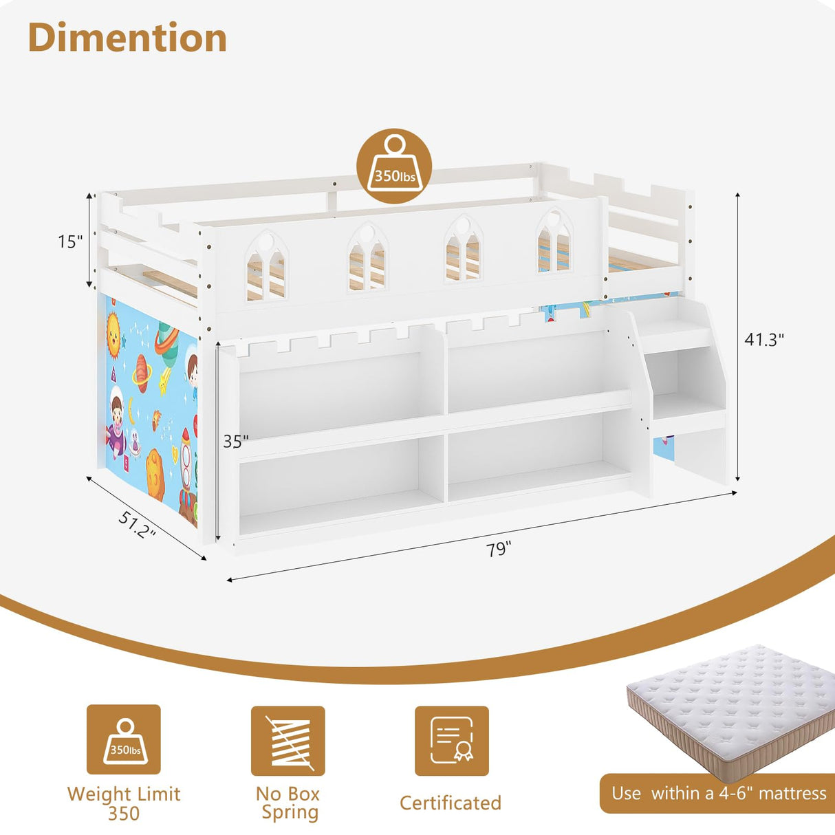 Bonnlo Low Loft Bed with Storage, Wooden Bed Frame with LED Lights, Safety Guardrails & Curtains for Kids, Solid Wood Twin Loft Bed with Ladder and Playhouse, White Bonnlo