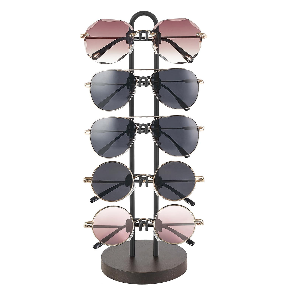 Mkono Sunglasses Organizer Glasses Holder Stand Sunglass Storage Eyeglasses Rack Metal Frame with Wood Base for 5 Pairs of Eyewear Display for Table Desk Countertop Dresser Bedroom, Set of 1, Black Mkono