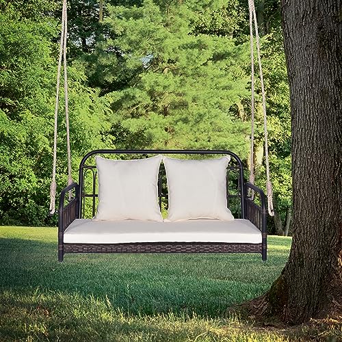 Tangkula Outdoor Wicker Porch Swing, 2-Person Hanging Seat with Seat & Back Cushions, Heavy-Duty Metal Frame & 2 Sturdy Hanging Ropes, Wicker Woven Swing Loveseat for Front Porch, Backyard (Off White) Tangkula