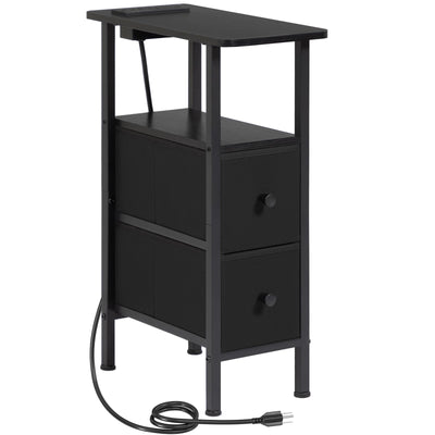 LOAKEKEL Narrow End Table Living Room with Charging Station, Skinny Side Table with Fabric Drawers, Slim Nightstand for Bedroom, Small Spaces, Couch, Black, HETNDP02BK-1