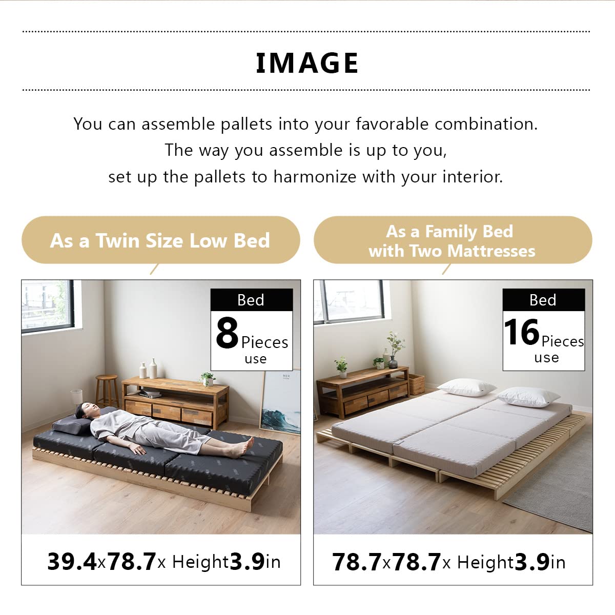 EMOOR Pallet Bed Slats 4 Pieces (for Additional Purchase) Pine Wood Natural, Japanese Futon Mattress Floor Sleeping Tatami Mat EMOOR
