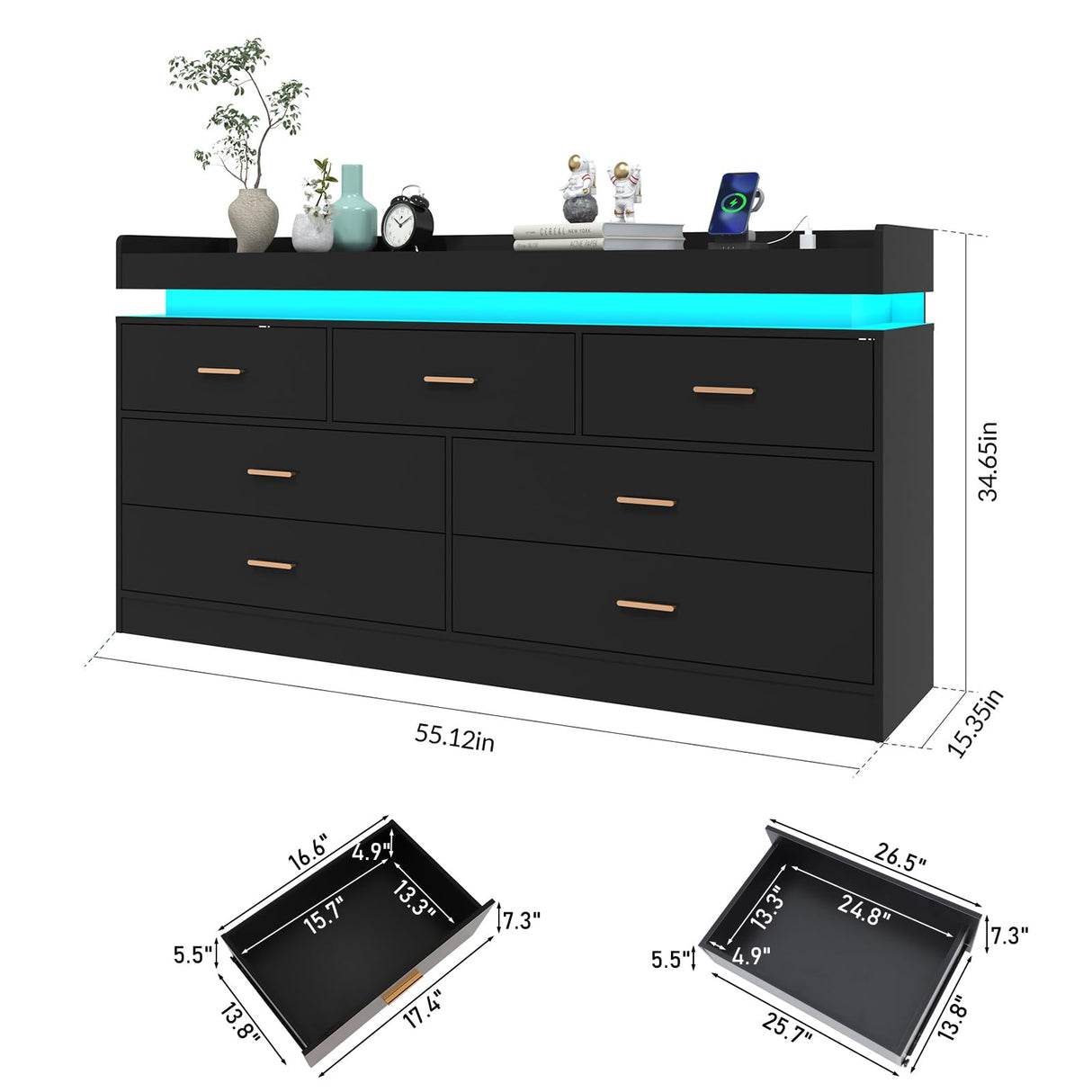 7 Drawer Dresser with LED Light and Charging Station, Modern Chest of Drawers for Closet, Wide Drawer Organizer Cabinet for Bedroom, Living Room, Entryway, Hallway, Black Hlivelood