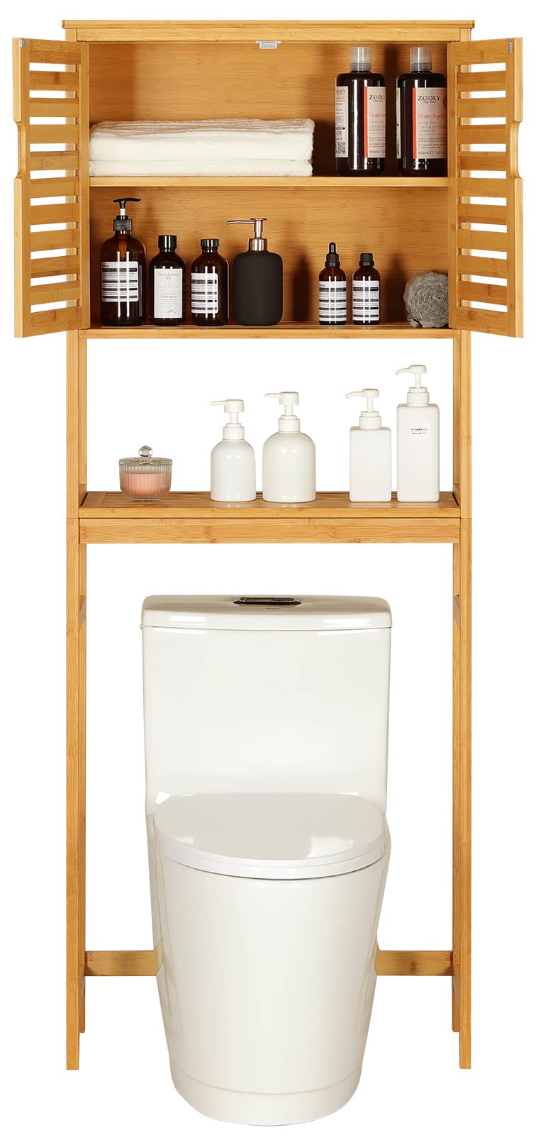 VIAGDO Natural Bamboo Over The Toilet Storage Cabinet with Adjustable Shelves and Doors VIAGDO