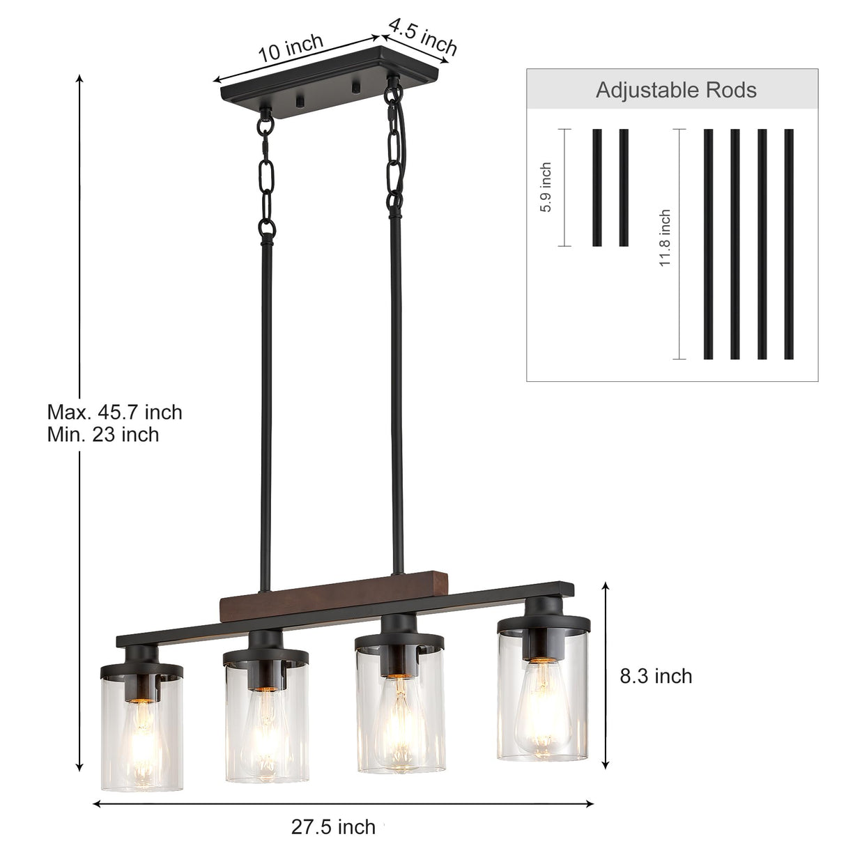 Wood Kitchen Island Lighting,4-Light Farmhouse Dining Room Light Fixture Matte Black Modern Chandeliers for Dining Room Over Table Hanging Pendant Light with Glass Shade for Bar Restaurant TWIG