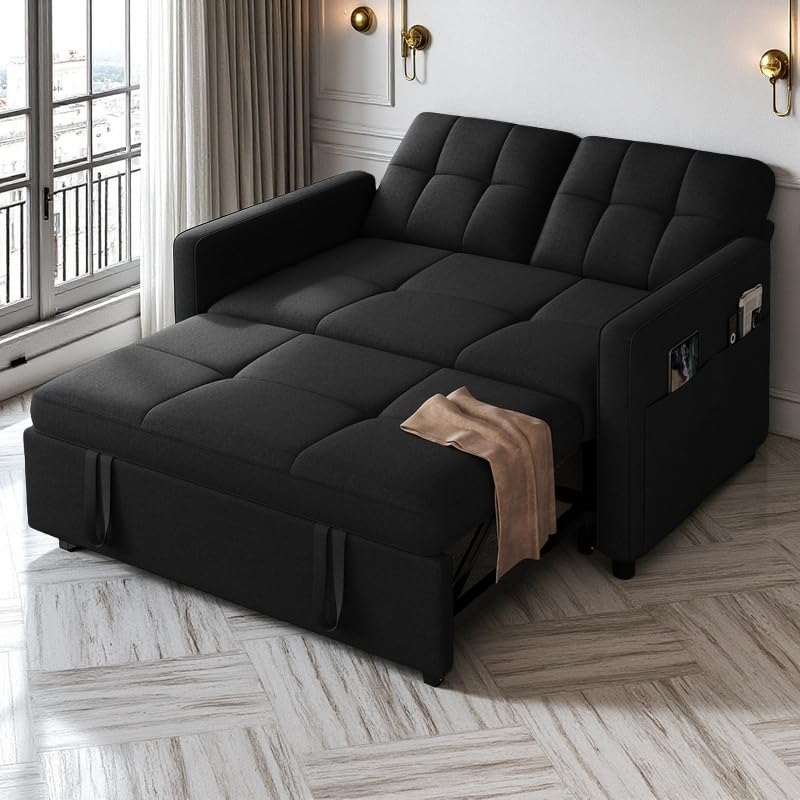 DWVO 55" Convertible Sofa Bed, 3-in-1 Sleeper Sofa with Pull-Out Bed, Linen Futon Couch with Side Pocket and Adjustable Backrest, Modern Loveseat for Living Room, Balck DWVO