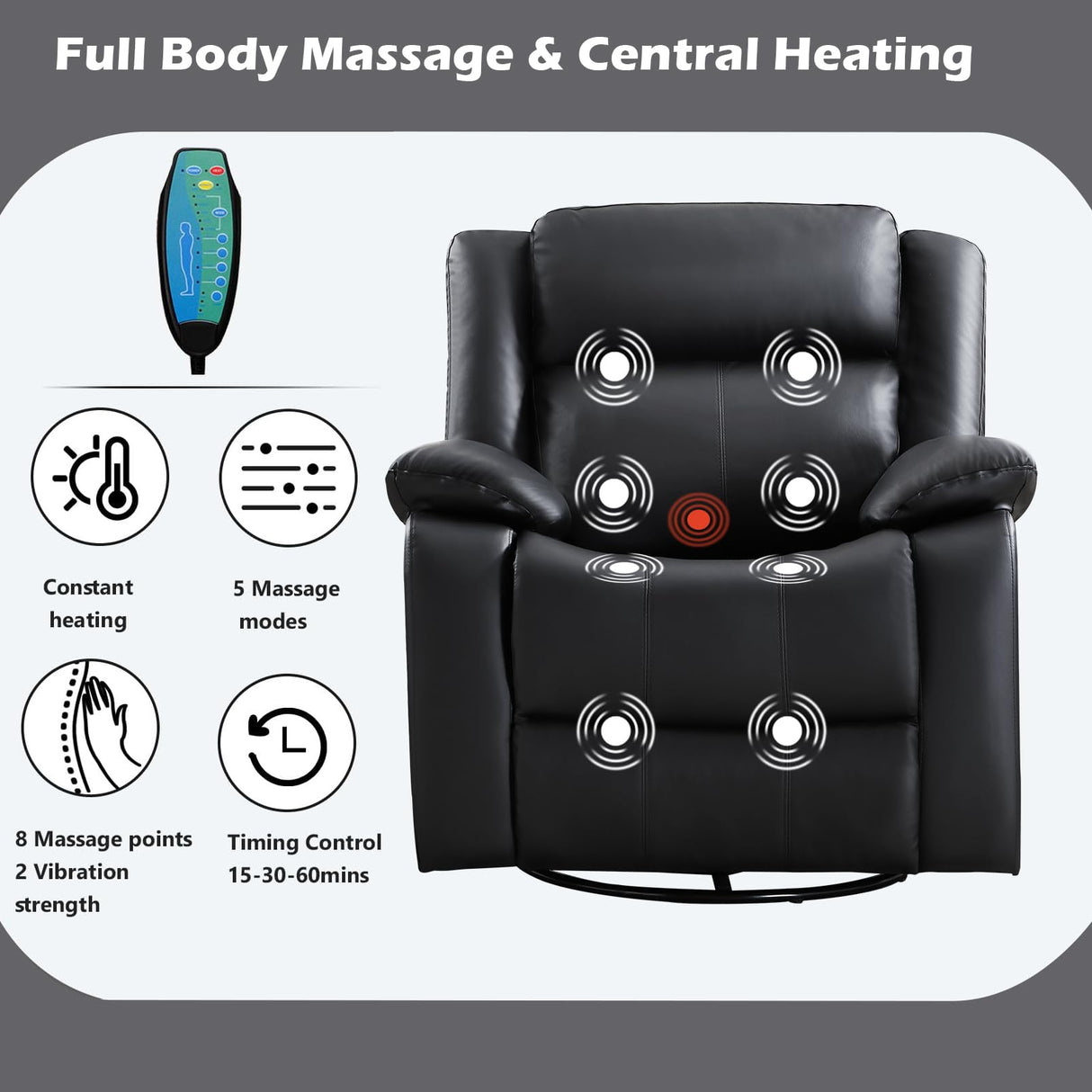 ANJ Swivel Rocker Recliner Chair, Manual Rocking Glider Massage Recliner with Heat, Overstuffed PU Leather Big Large Recliner for Living Room Bedroom Nursery ANJ